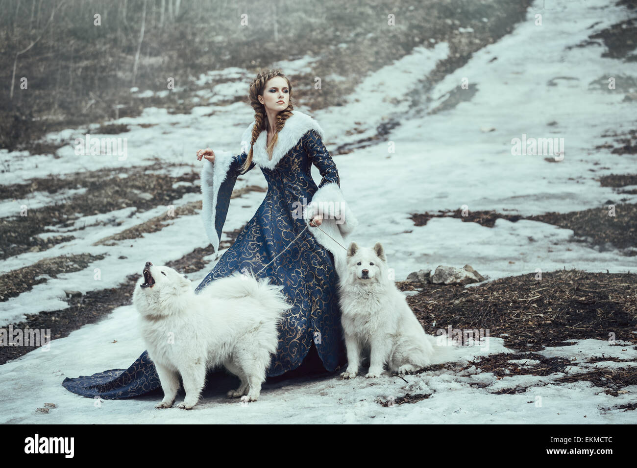 La mujer en invierno caminar con un perro Foto de stock