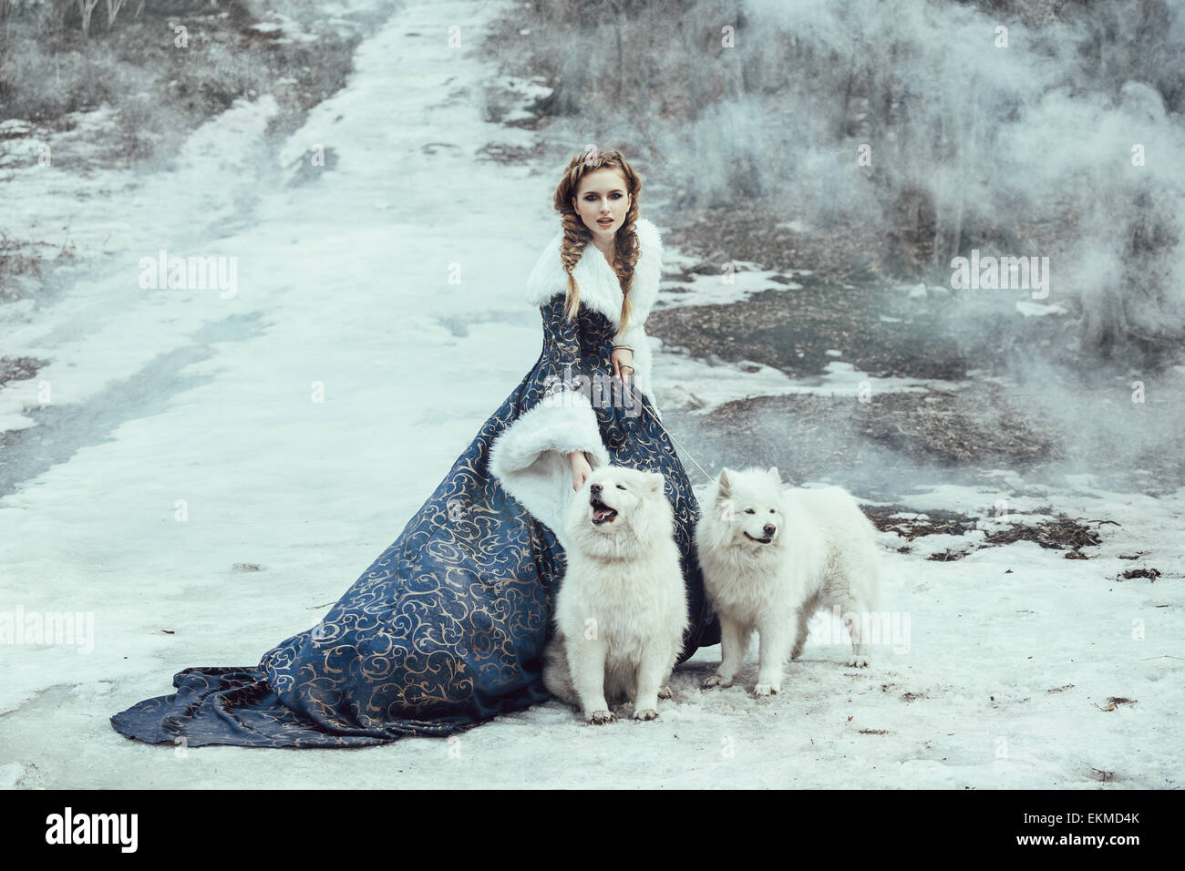 La mujer en invierno caminar con un perro Foto de stock