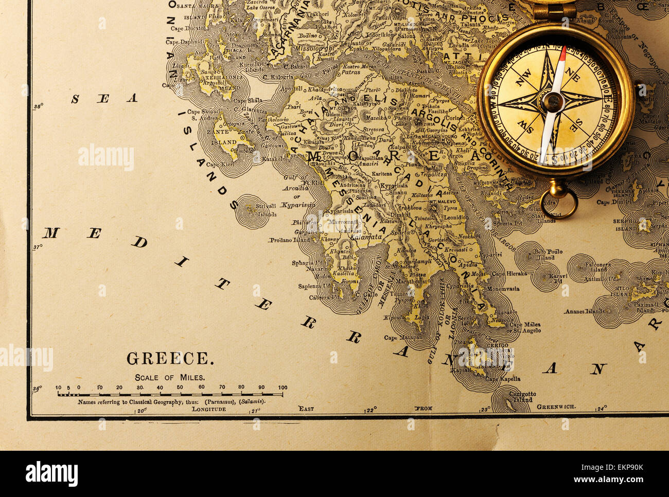 Brújula de antigüedades más antiguo mapa del siglo XIX Foto de stock