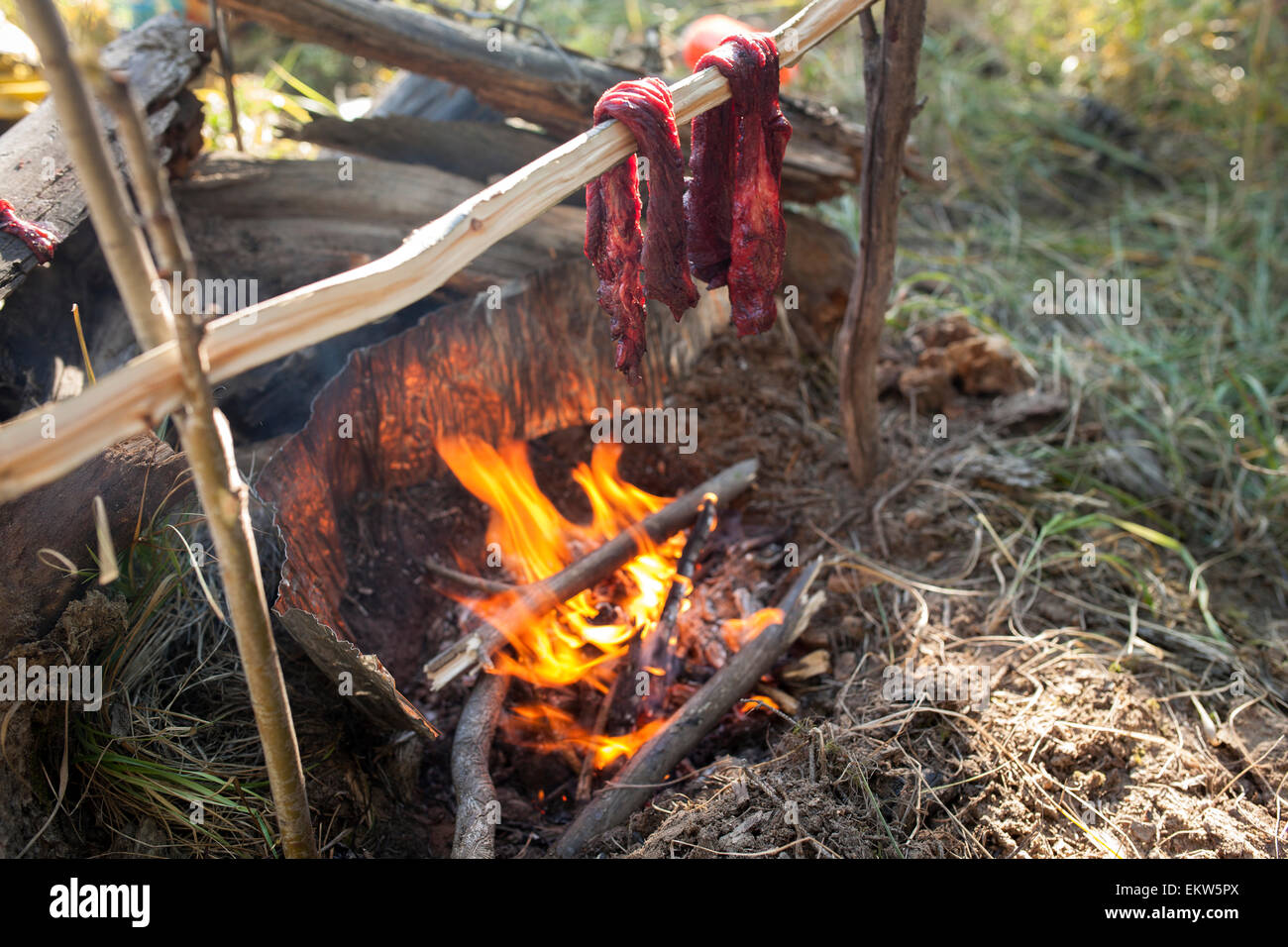 Carne cocinando sobre un fuego fotografías e imágenes de alta