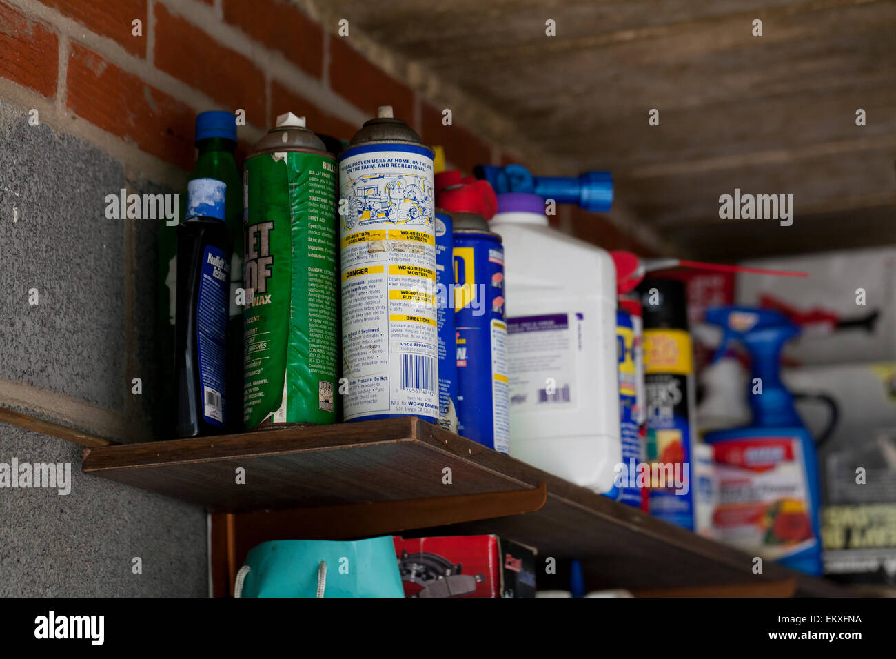 Los productos químicos almacenados en garaje estantería - EE.UU. Foto de stock