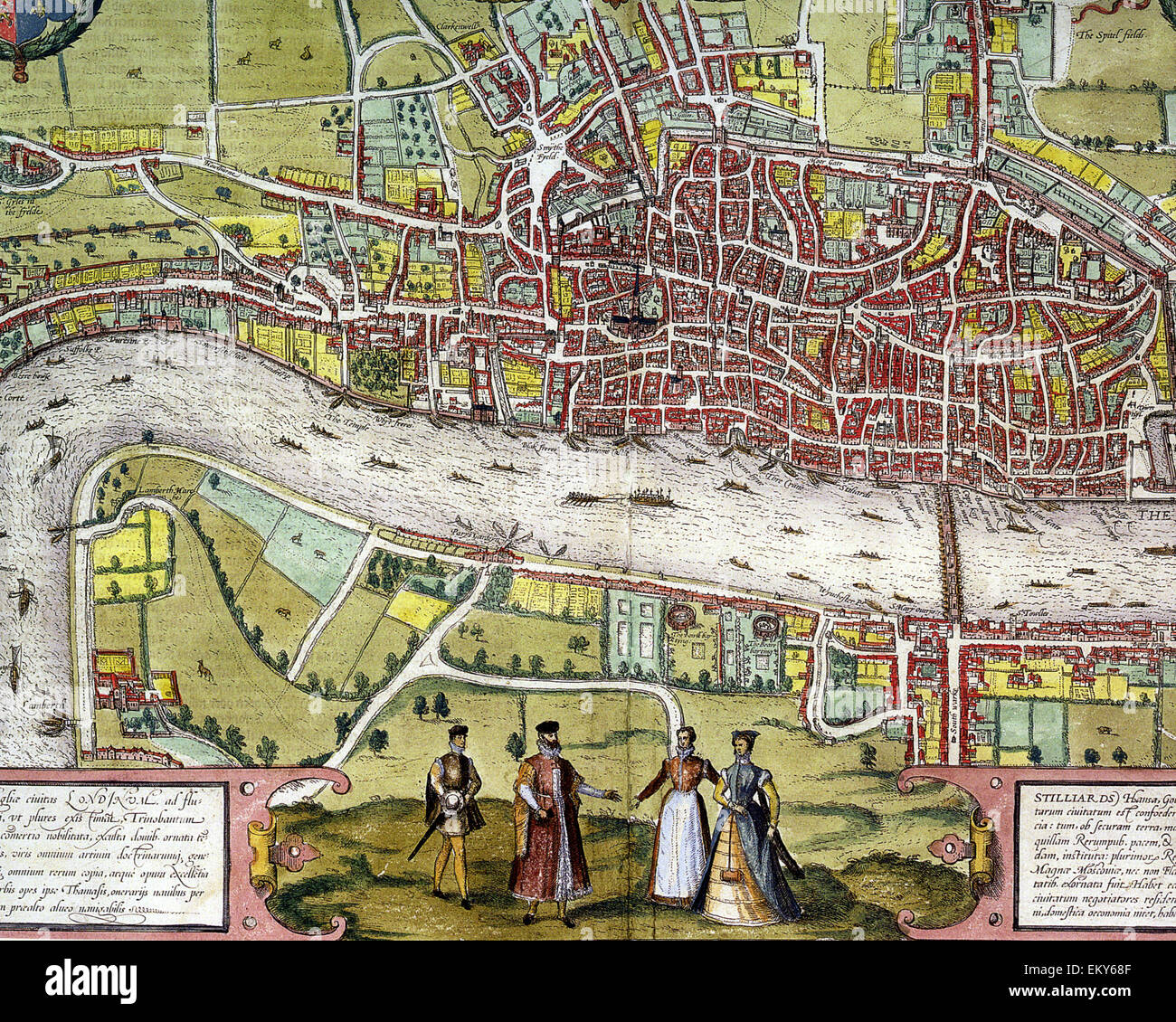 La sección central de Londres isabelino de Braun y Hogenberg's mapa impreso en 1572 Foto de stock