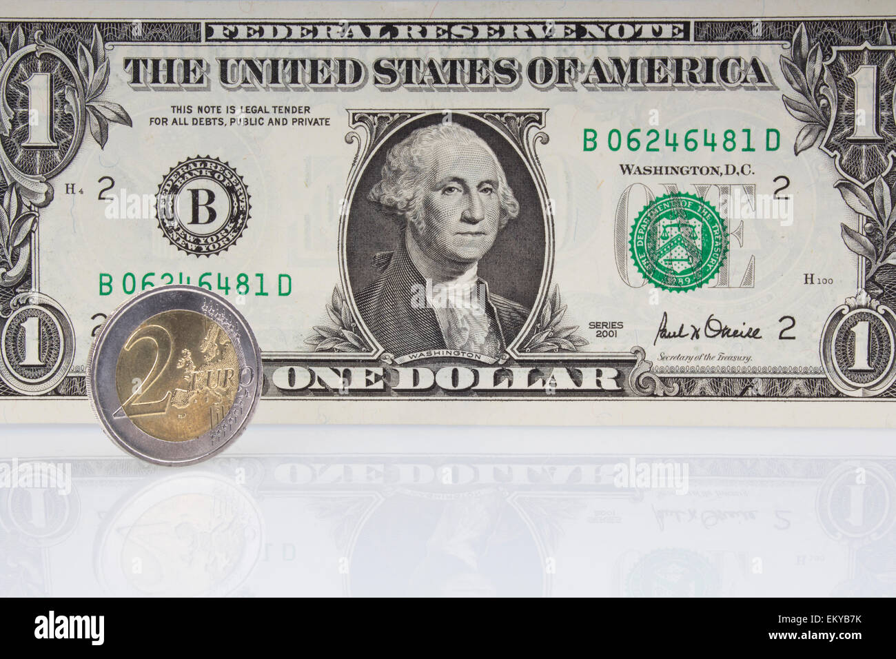 Un dólar estadounidense Bank note con una moneda de dos euros Foto de stock