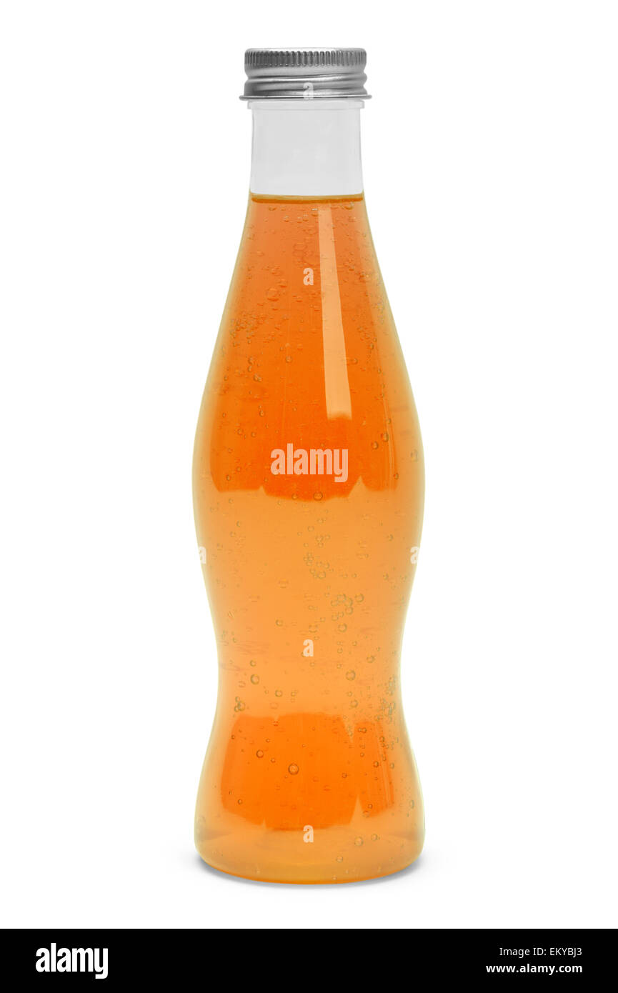 Botella de refresco con una bebida de naranja aislado sobre fondo blanco. Foto de stock