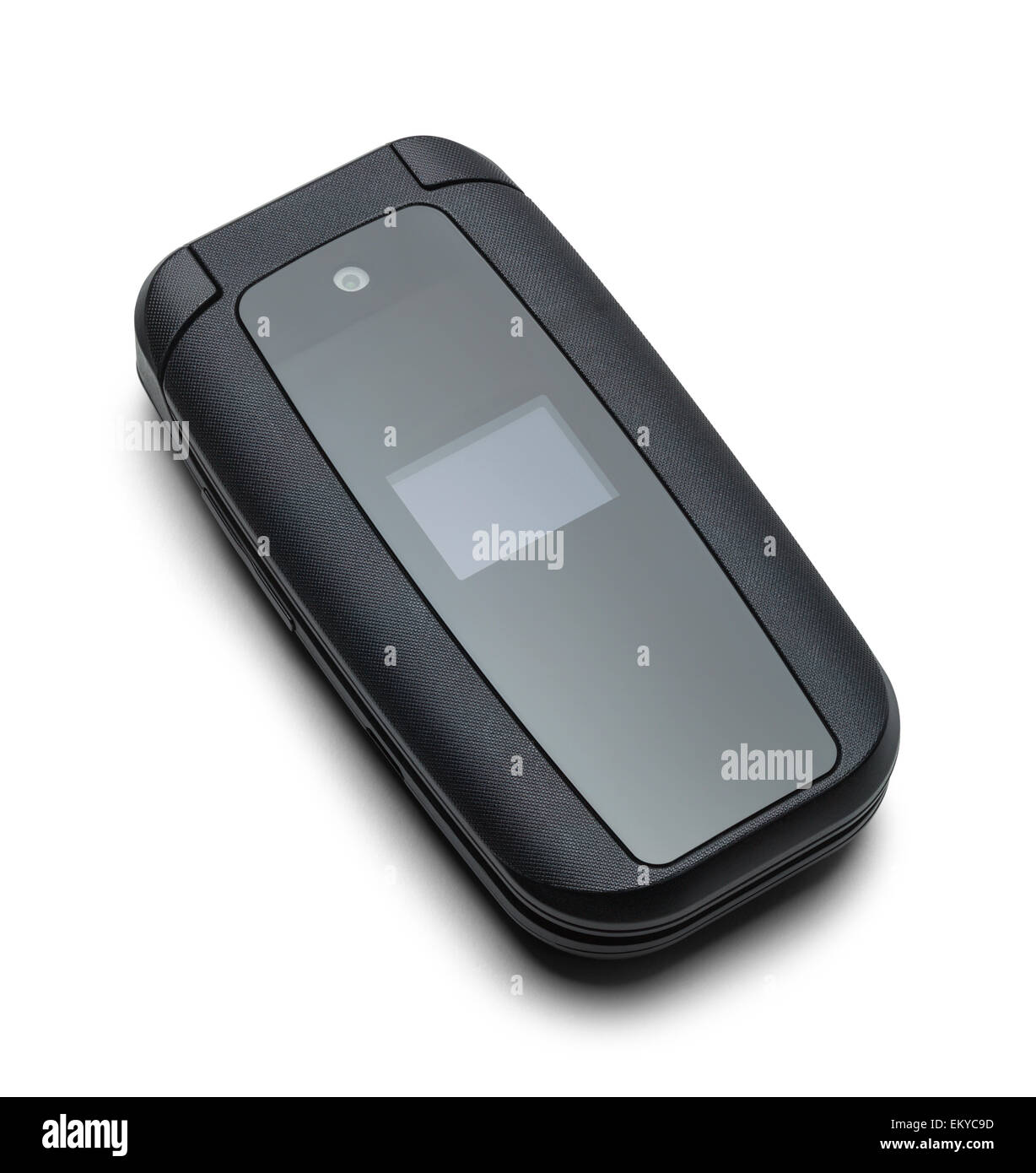Flip negro Teléfono cerrado aislado sobre un fondo blanco. Foto de stock