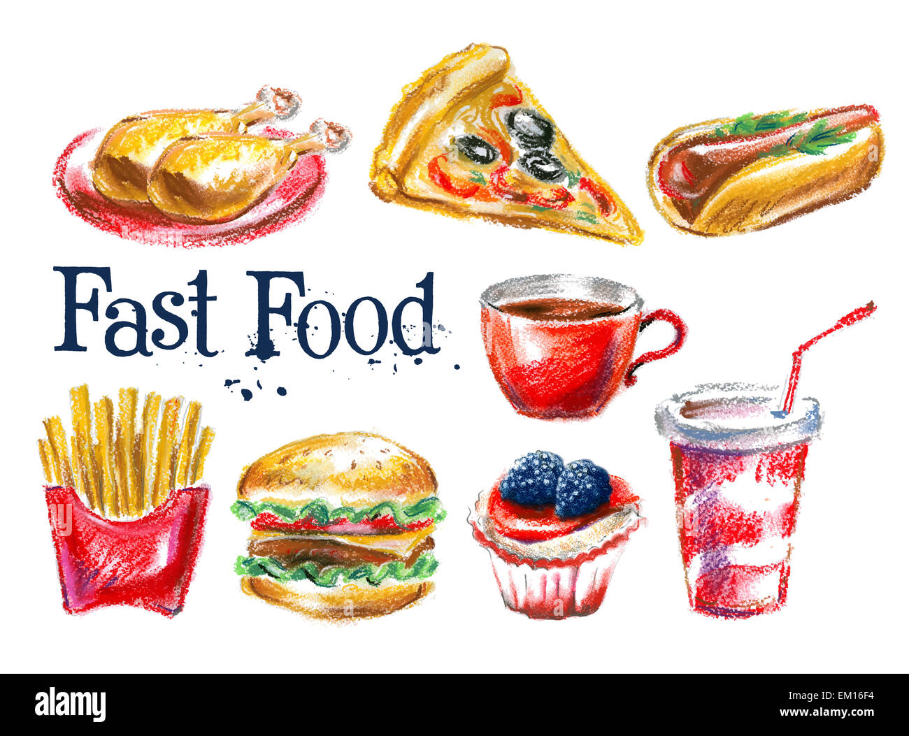 Comida fresca vector logo design template. perros calientes, hamburguesas o postre, bebida icono. Foto de stock