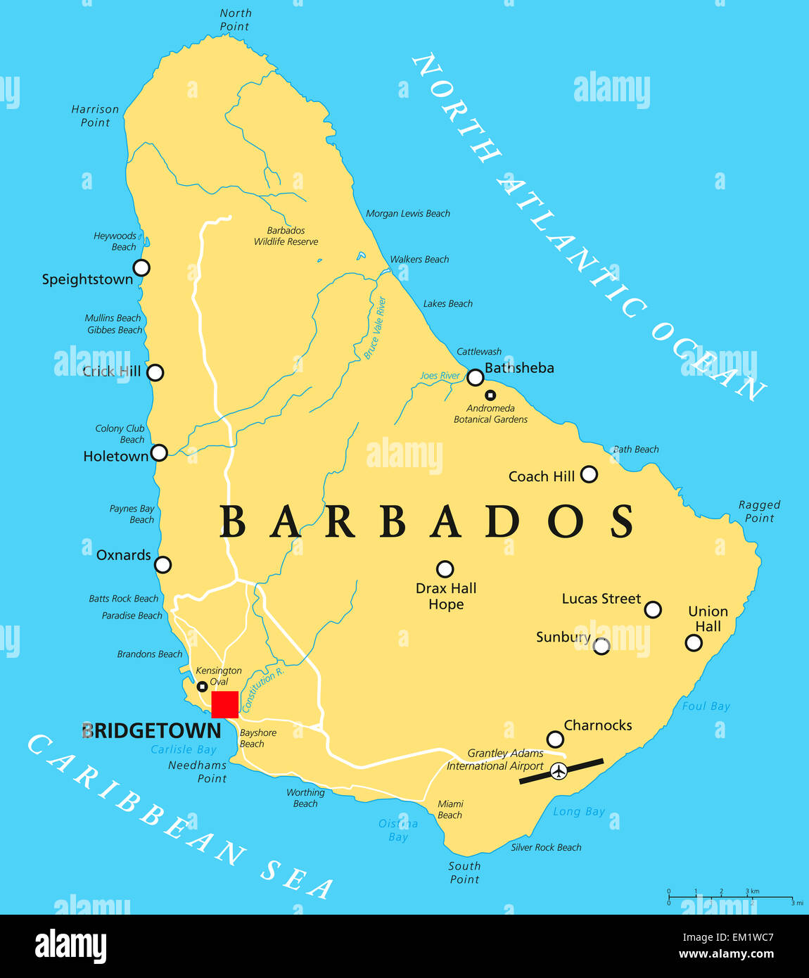 Barbados Mapa Político con la capital Bridgetown, con importantes ciudades, lugares y ríos. Rótulos En inglés y escalado. Foto de stock
