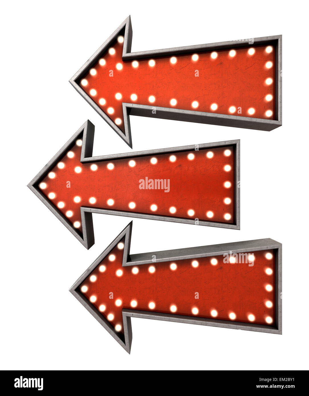 Una colección de 3 "belle epoque", rojo vintage signos de flecha iluminada por bombillas orientada en la misma dirección en una aislada backg oscuro Foto de stock