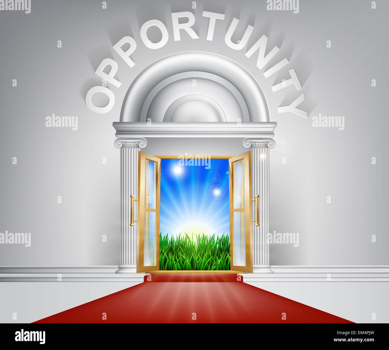 Una ilustración de una elegante puerta mirando con alfombra roja y oportunidad por encima de ella. Foto de stock