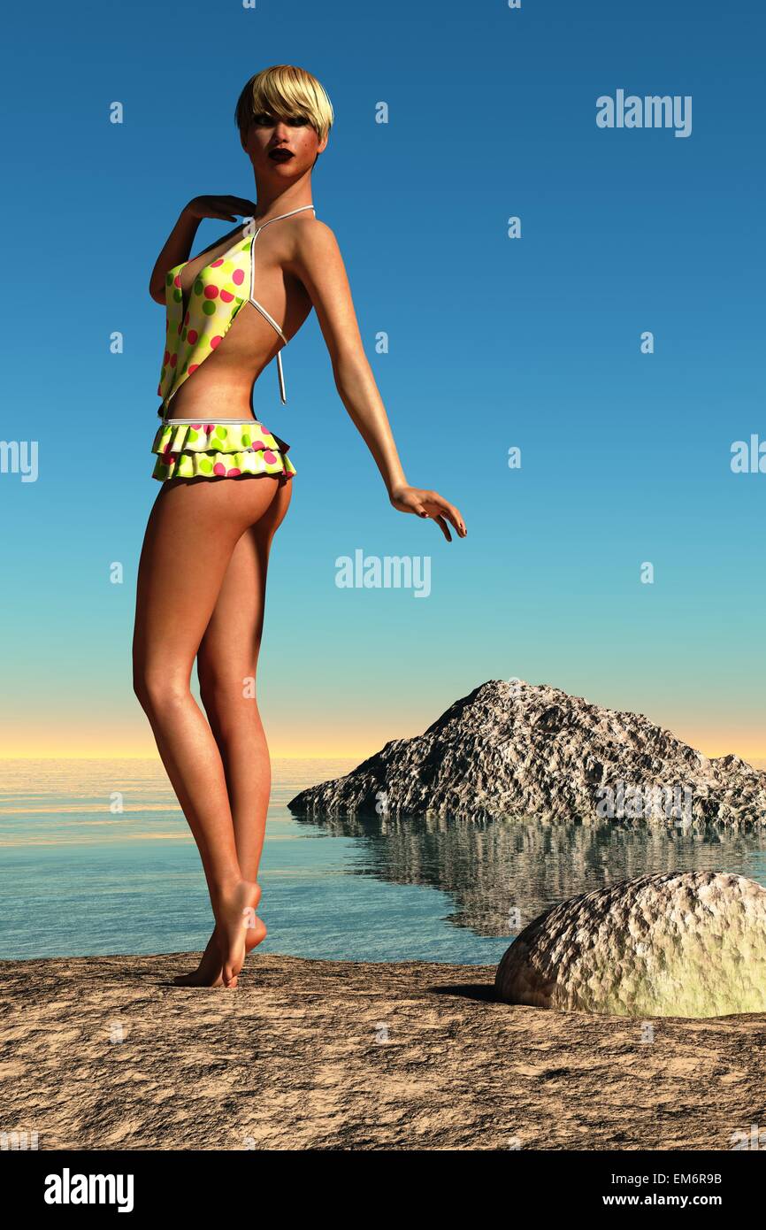 Curtida mujer con cabellos rubios cortos vestidos de amarillo polka dot frilled posando en traje de baño en la playa Foto de stock
