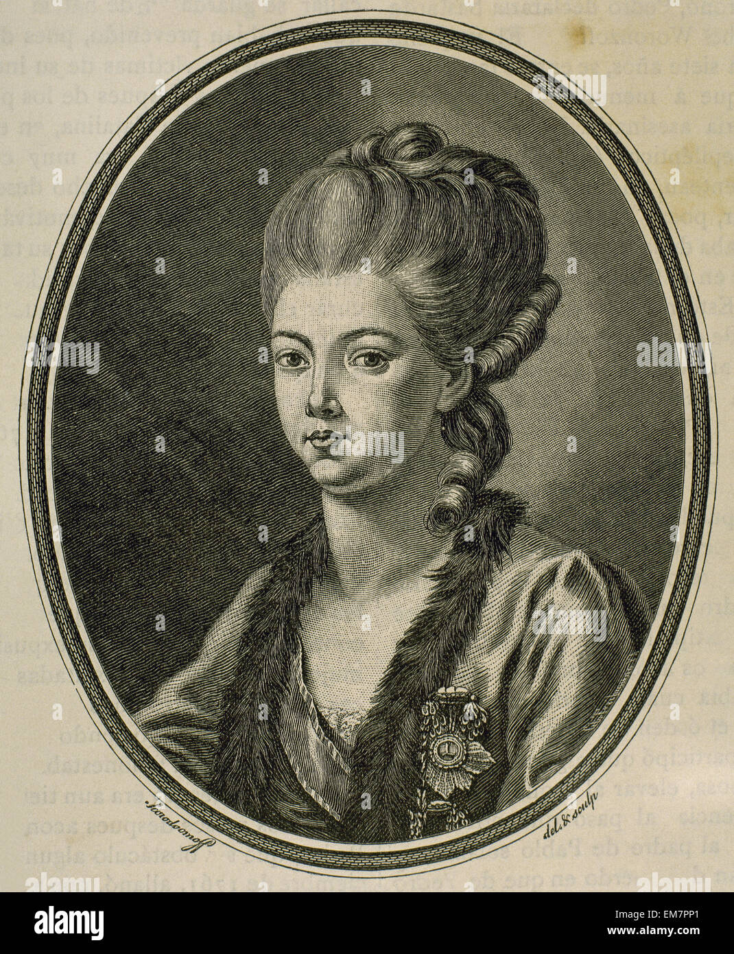 La princesa Daschkaw (siglo XVIII), la dama de honor de Catalina II de Rusia. Retrato. Grabado por Treibmann, 1881. Foto de stock