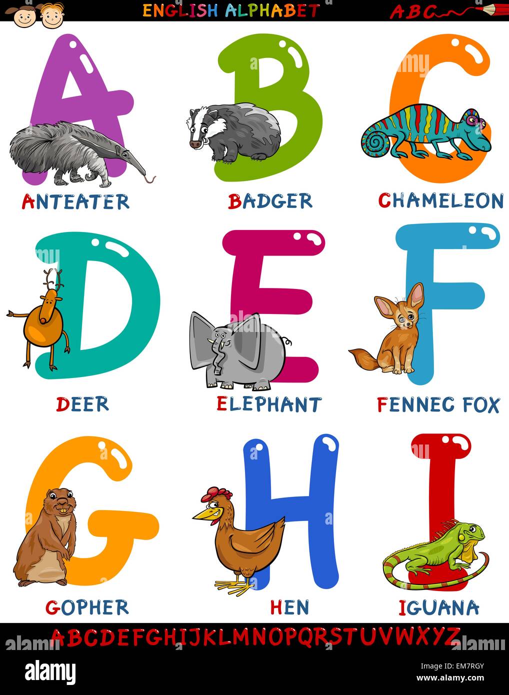 Alfabeto Inglés de dibujos animados con animales Imagen Vector de stock -  Alamy