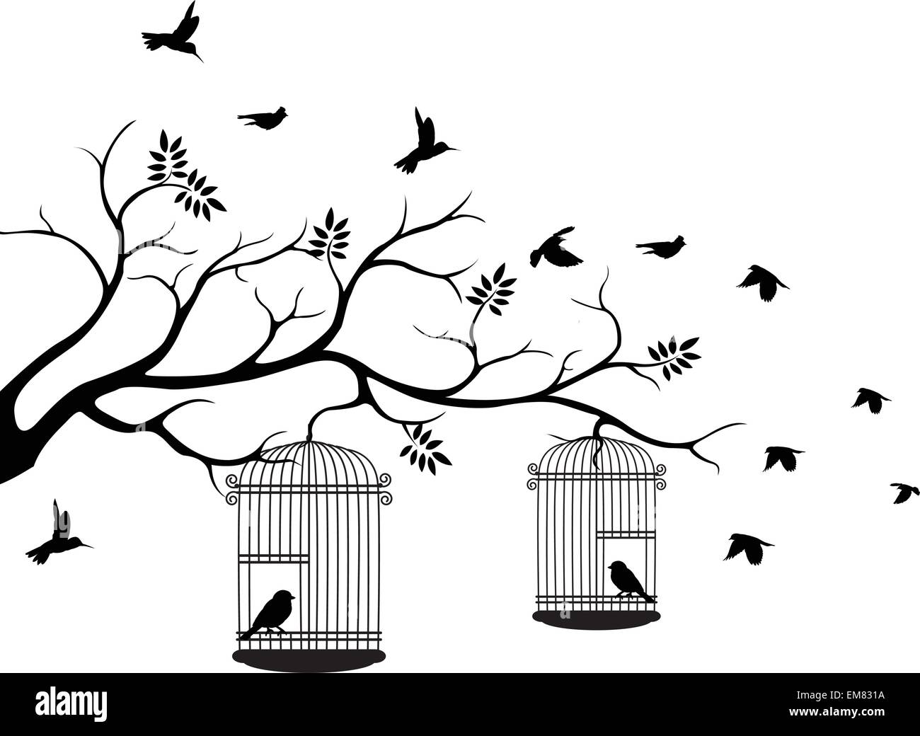 Silueta de árbol con pájaros volando Imagen Vector de stock - Alamy