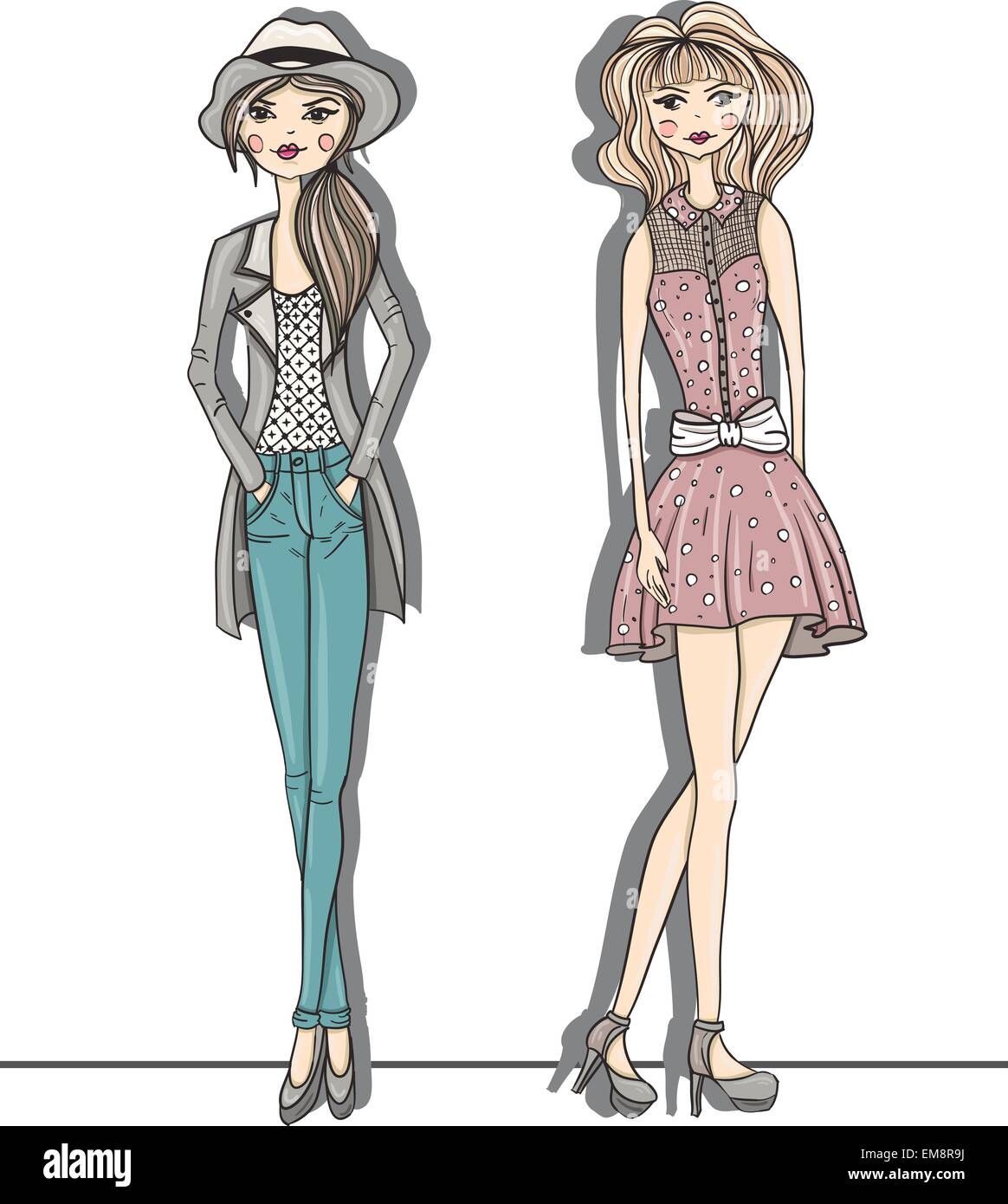 Chicas moda ilustración. vectorial. Antecedentes con adolescentes mujeres en ropa de moda posando. Moda illus Imagen Vector de stock -