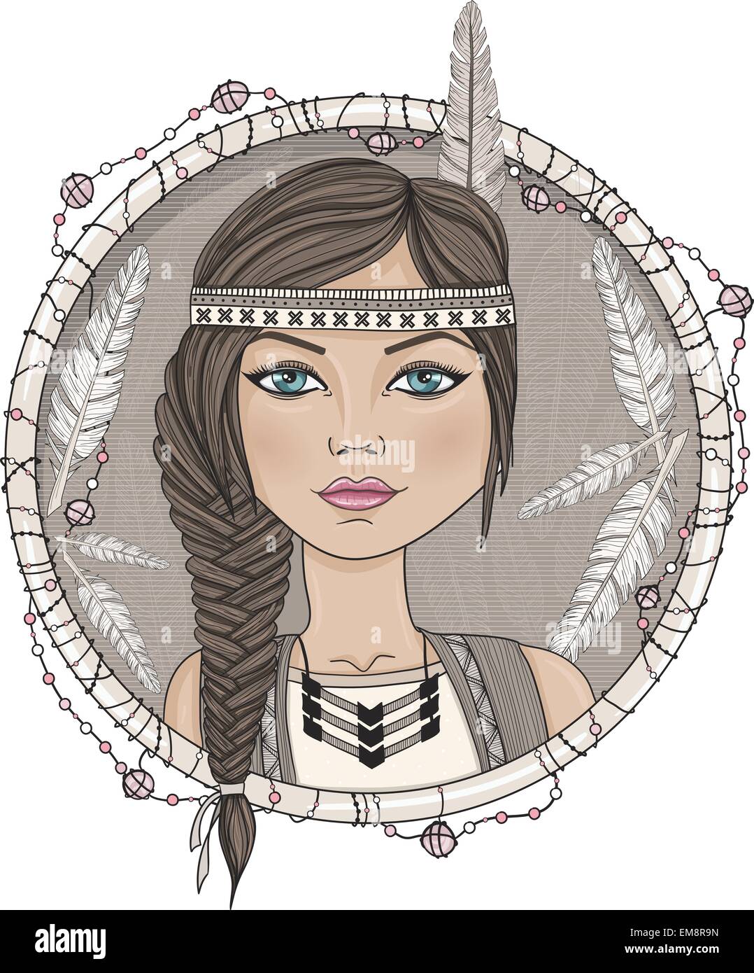 Cute Native American Girl y plumas de bastidor. Ilustración del Vector