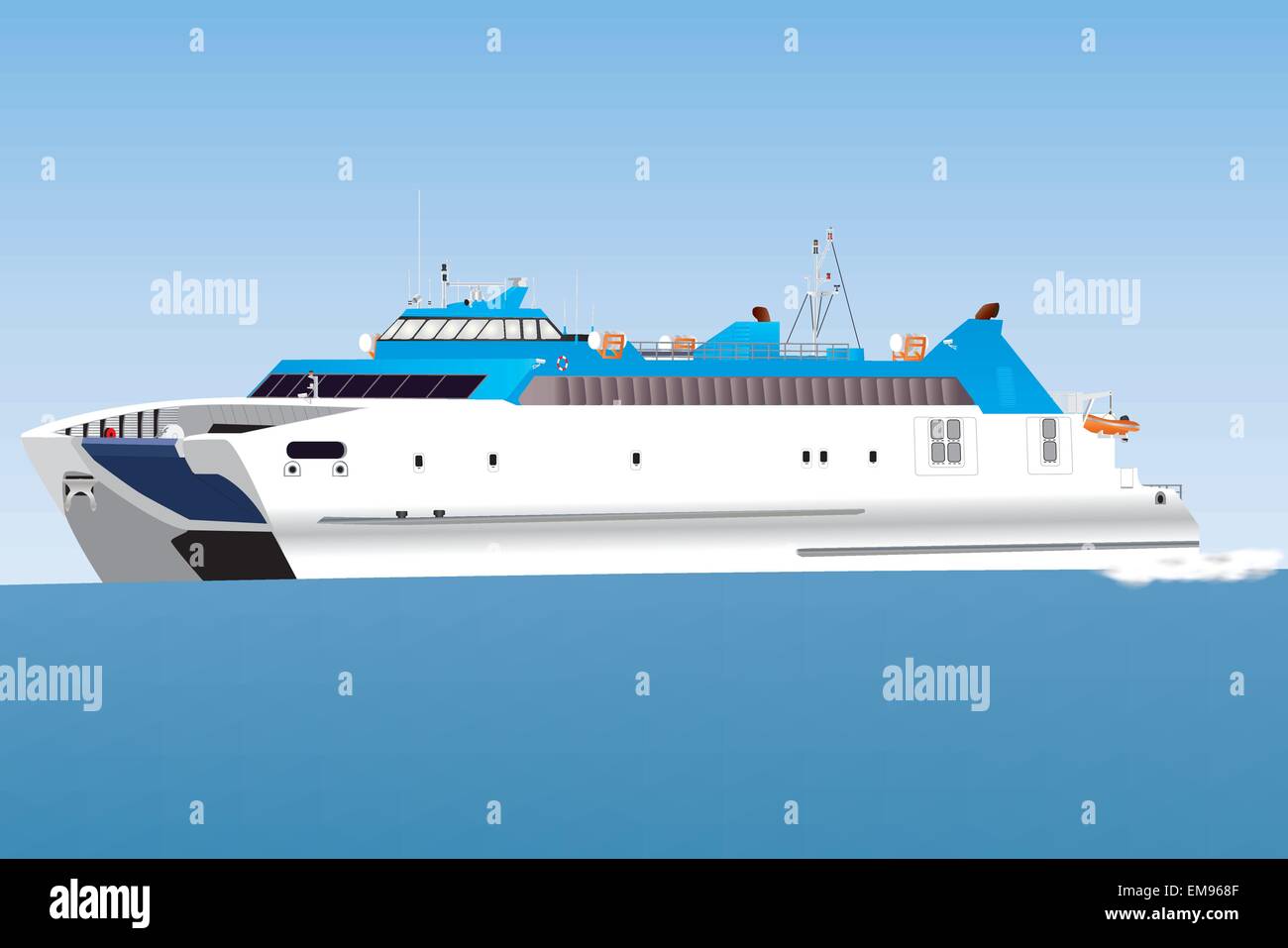 Una ilustración vectorial de una gran azul y blanco catamarán ferry viajar a velocidad Ilustración del Vector