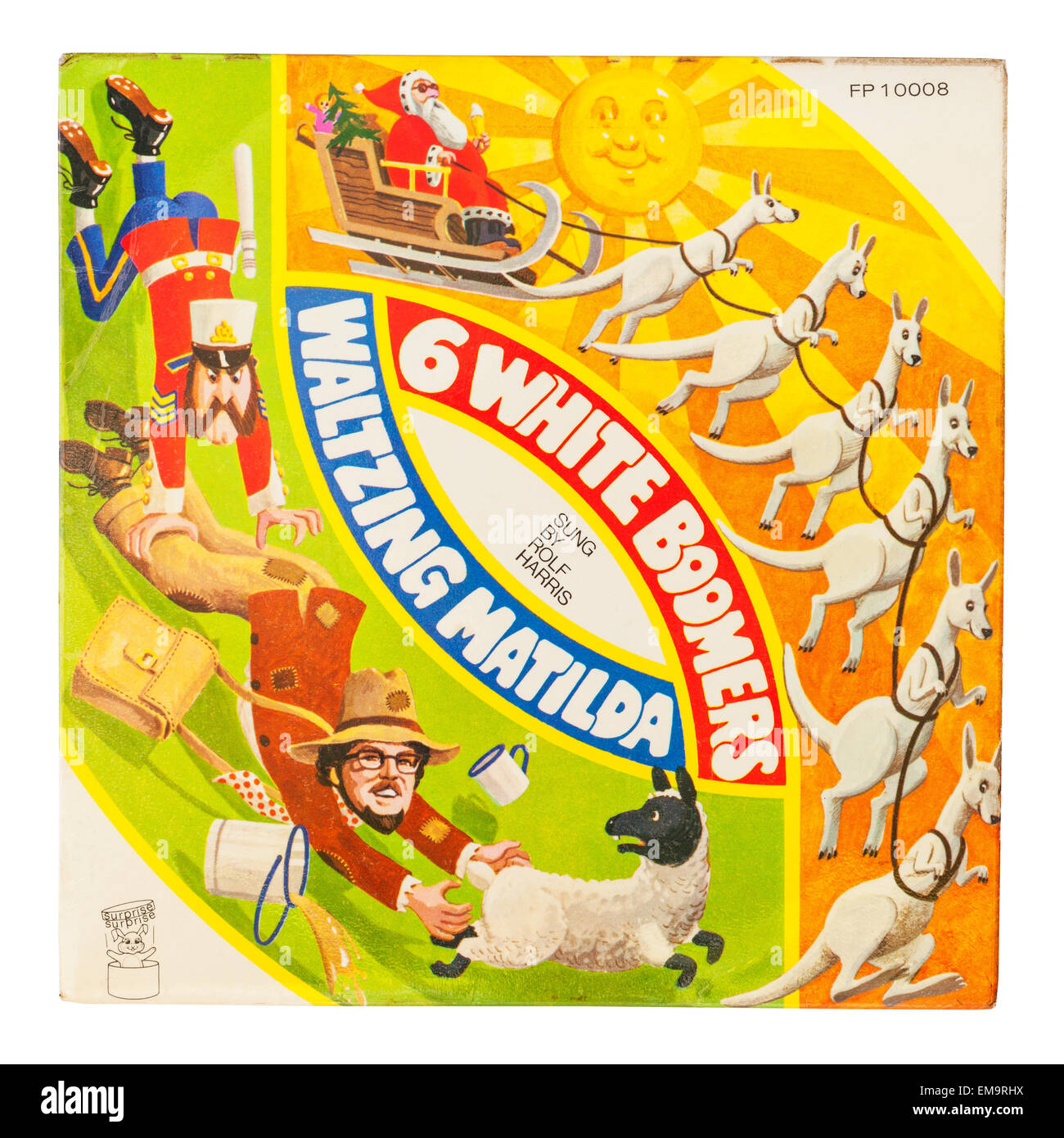 Un disco de vinilo para niños llamado vals Matilda cantado por Rolf Harris sobre un fondo blanco. Foto de stock