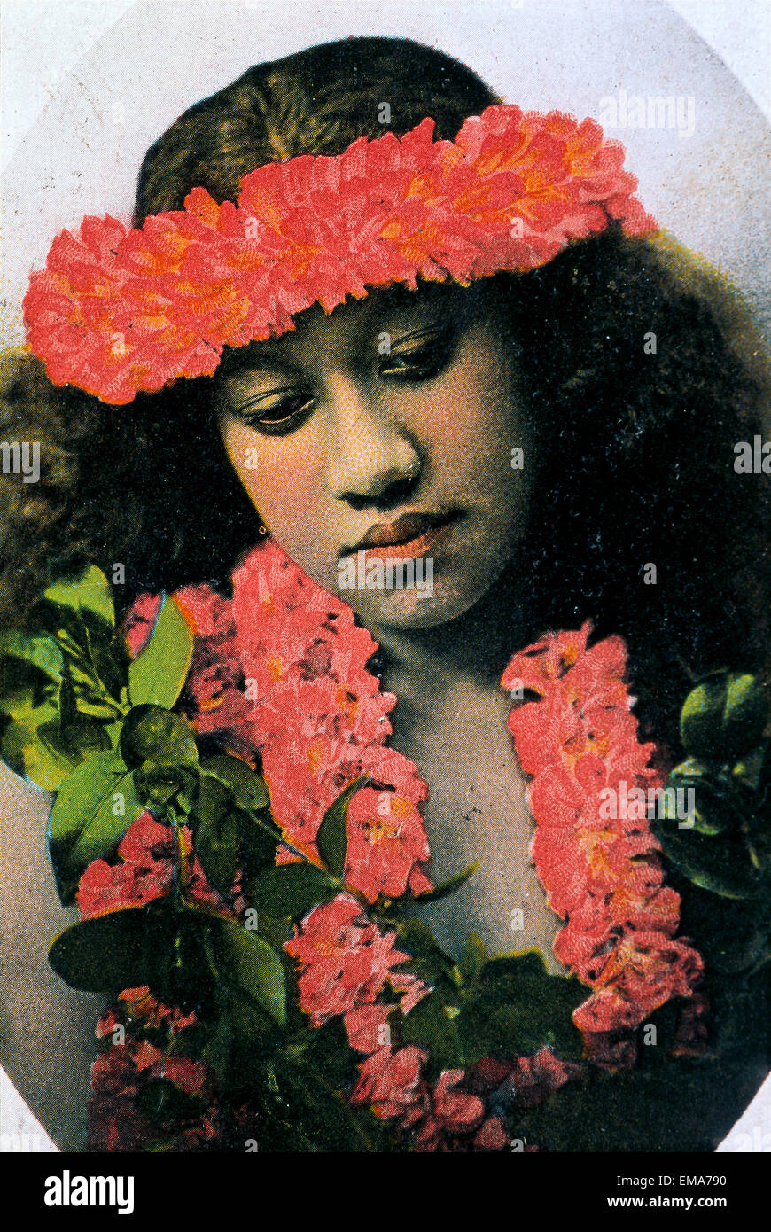 C.1905 Tarjeta postal impresa en Alemania Hawaiian chica con flor brillante Leis B1421 Foto de stock