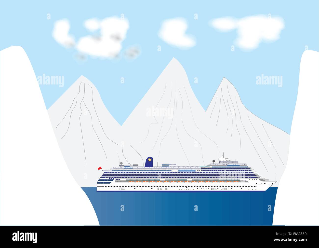 Una ilustración vectorial de un crucero azul y blanco en un fiordo rodeado por un paisaje nevado Ilustración del Vector