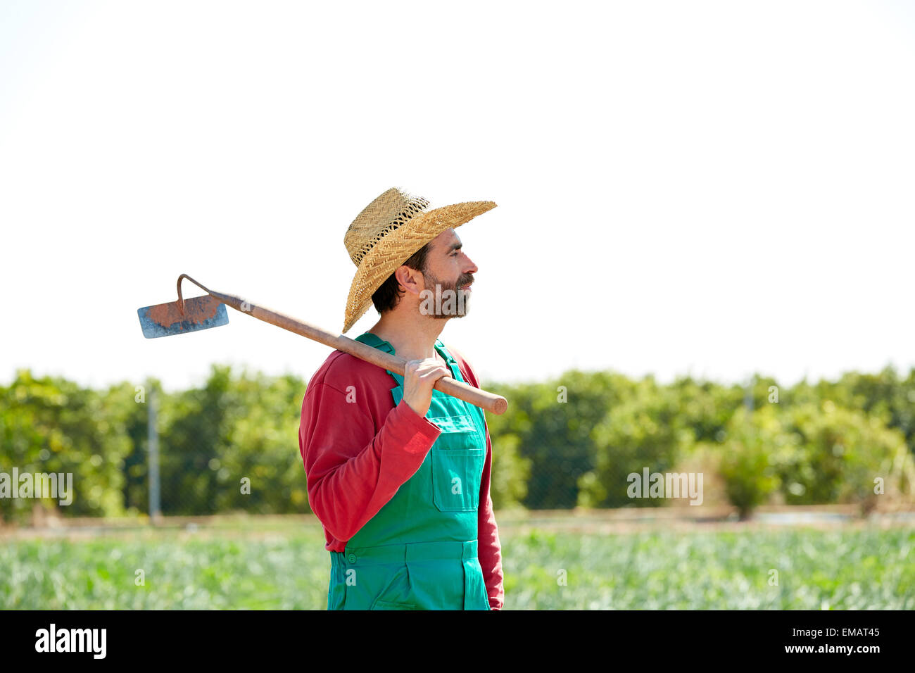 Agricultor hombre con azada mirando su huerto con sombrero de campo  Fotografía de stock - Alamy