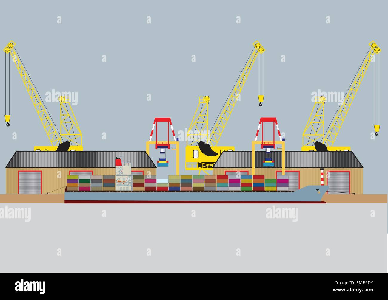 Una imagen vectorial de un barco de contenedores en el puerto de descarga con almacenes y grúas Dock Ilustración del Vector