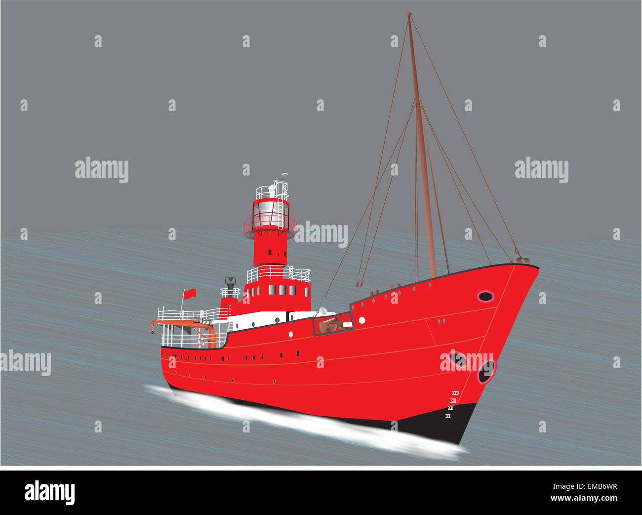 Una ilustración vectorial de un faro rojo barco en un mar tempestuoso, Ilustración del Vector
