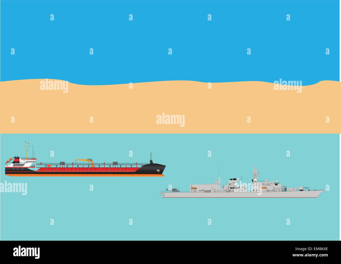 Un petrolero y escolta de buques de guerra en aguas infestadas de piratas peligrosos Ilustración del Vector