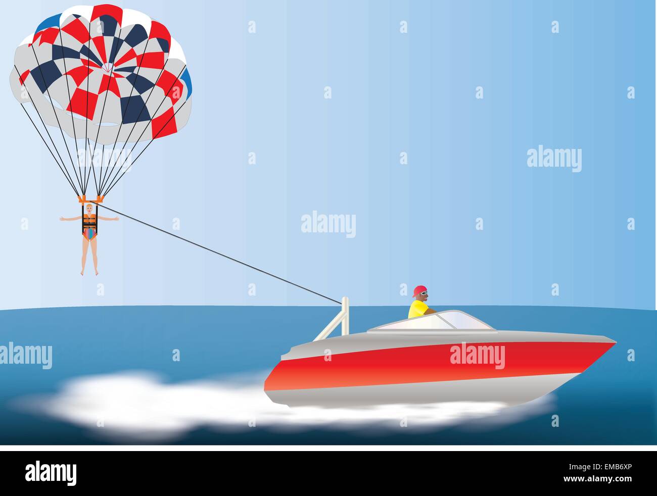Una ilustración vectorial de una chica guapa parascending siendo remolcados por una lancha roja Ilustración del Vector