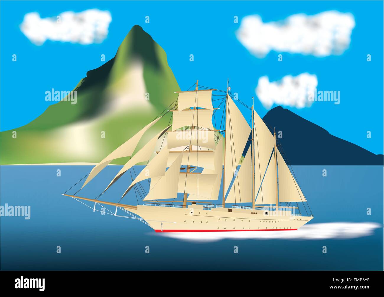 Un barco de vela de 4 mástiles pasado una isla tropical Ilustración del Vector