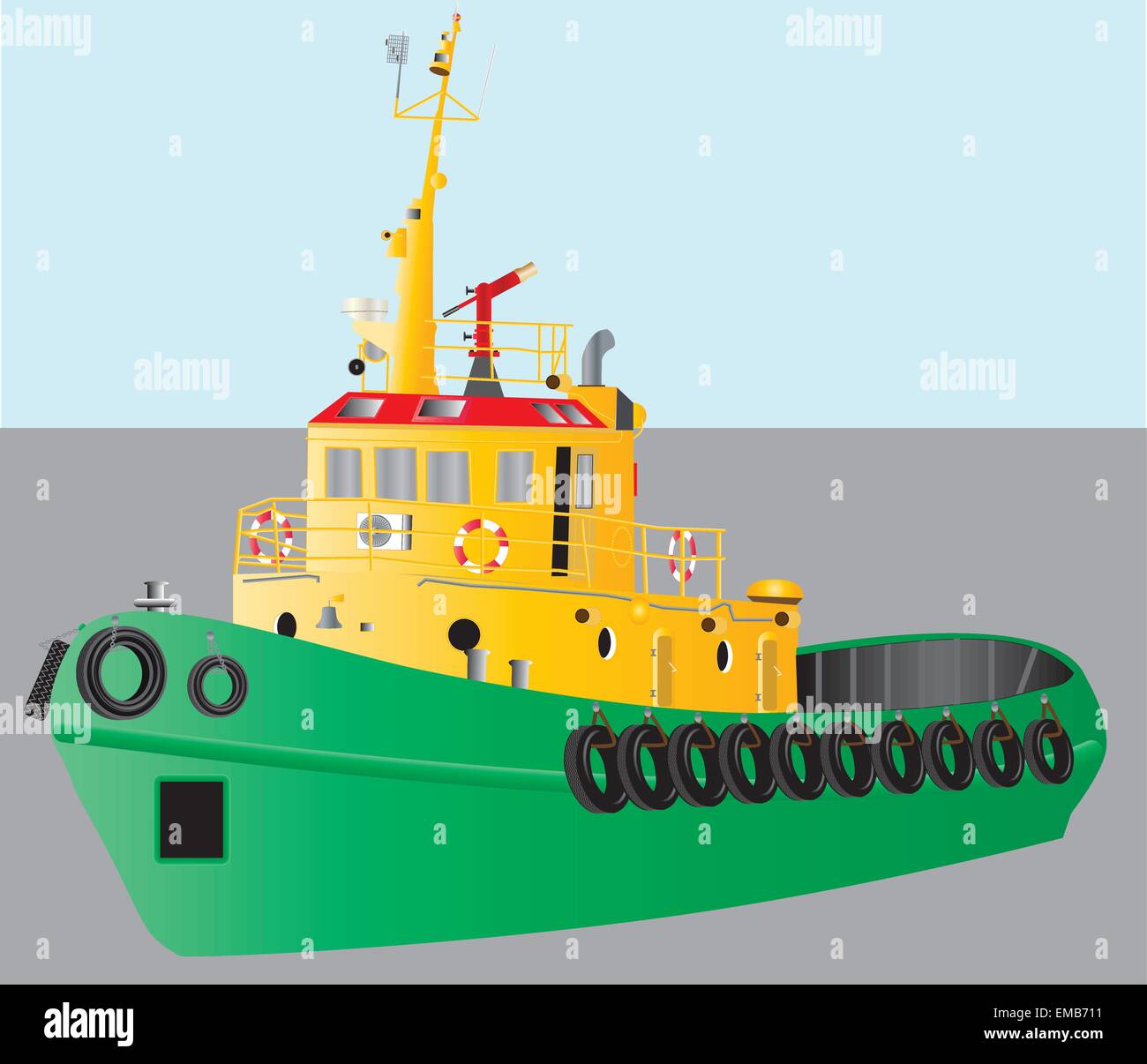 Una ilustración detallada de un remolcador de puerto verde y amarillo Ilustración del Vector
