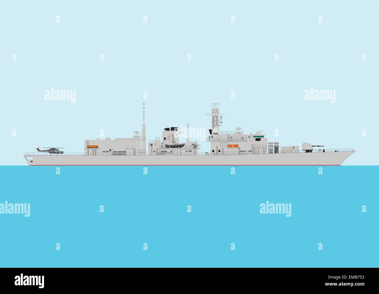 Una ilustración detallada de un moderno buque de guerra en el mar en patrulla antipiratería mostrando un helicóptero, lanzadores de misiles, cañones y un inflable de alta velocidad Ilustración del Vector