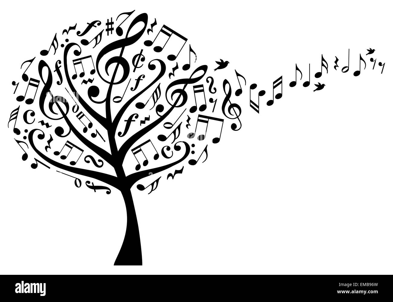 Music Tree con clefs agudos y volando notas musicales, ilustración