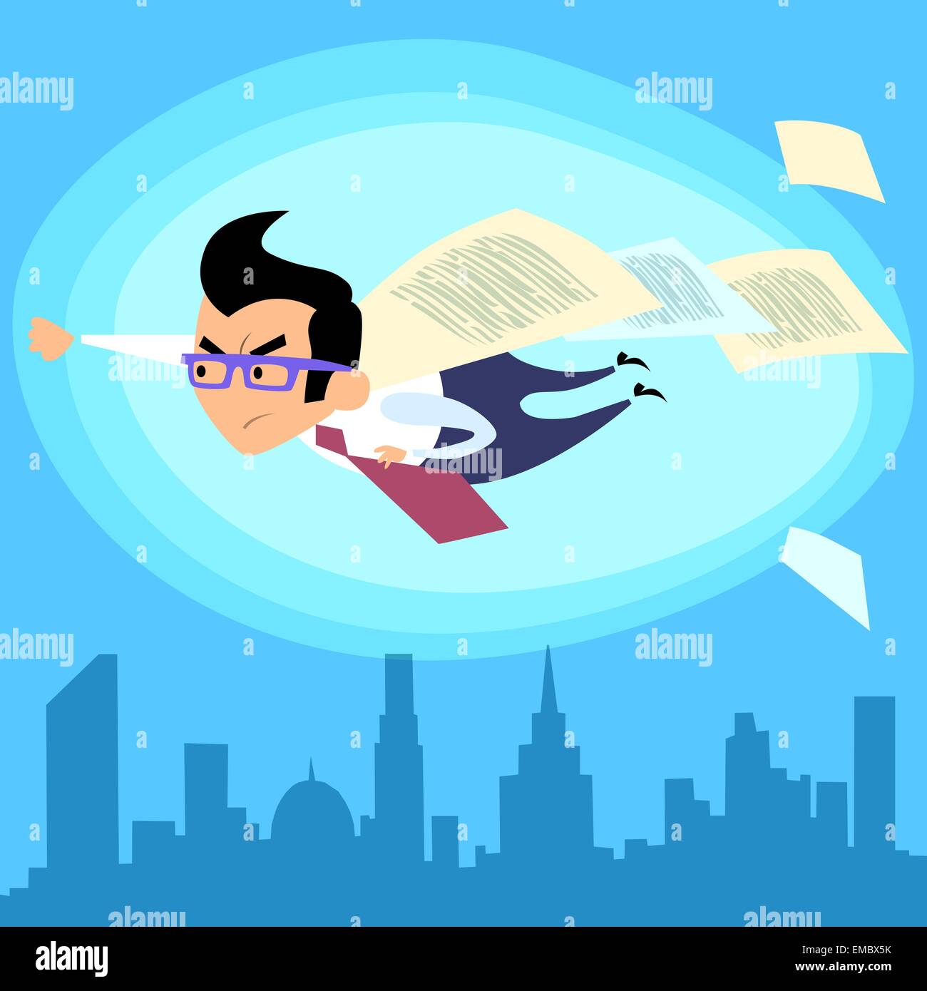 Empresario superhéroe, como Superman, sobrevolando la ciudad contrato Ilustración del Vector