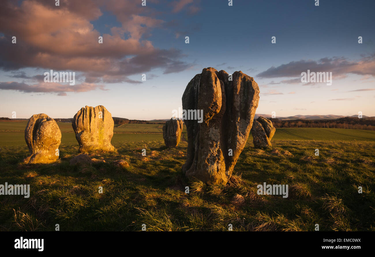 El círculo de piedra cerca de Duddo permanente en el norte de Northumberland. Este sitio neolitihic es poco visitada. Foto de stock