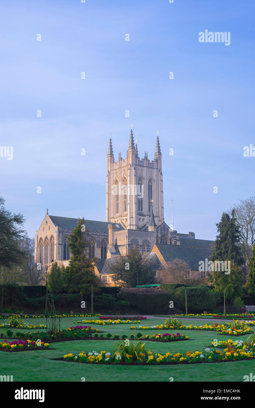 Catedral Bury St Edmunds, vista de la Catedral de St Edmundsbury con los Jardines de la Abadía en primer plano, Bury St Edmunds, Suffolk, Inglaterra, Reino Unido Foto de stock