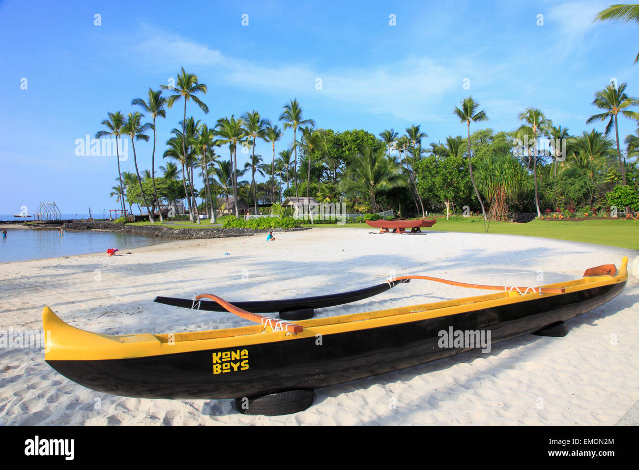 Hawaii, Isla Grande, Kailua-Kona, Kamakahonu Playa, canoas de batanga, Foto de stock