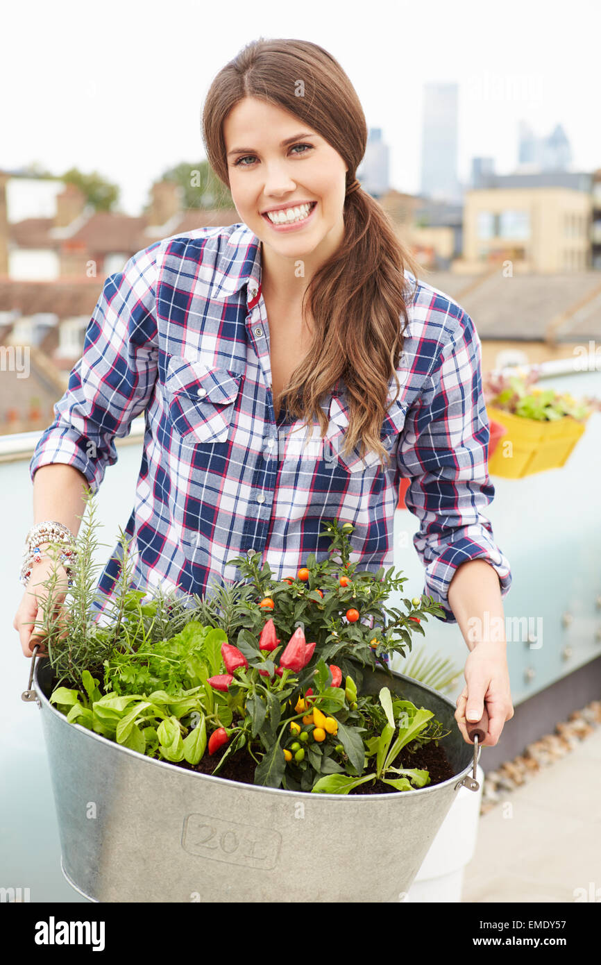 Mujer sosteniendo un recipiente de plantas en el jardín de la azotea Foto de stock