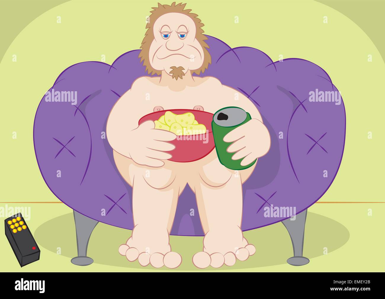 Lazy guy Couch Potato con patatas fritas y cerveza Ilustración del Vector