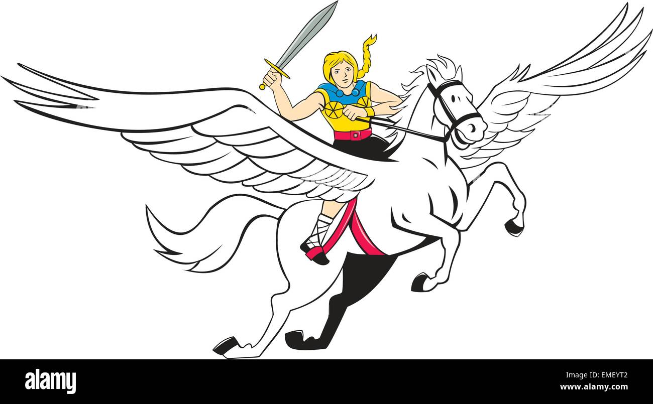 Valquiria Guerrera Amazona Flying Horse Cartoon Ilustración del Vector