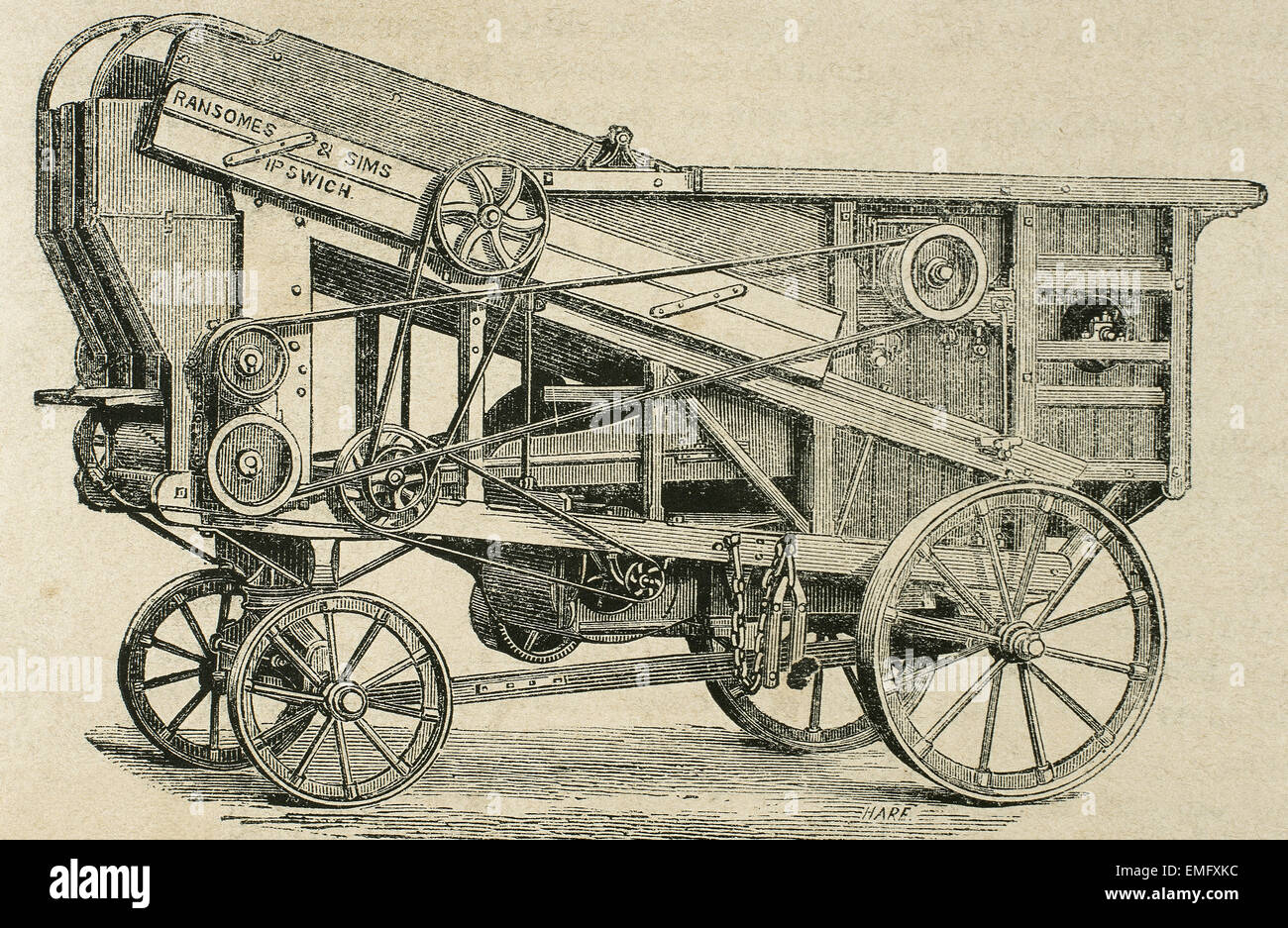 Revolución industrial. Maquinaria agrícola. La trilladora. H series. Grabado por Haure. La ilustracion española y americana, 1870. Foto de stock