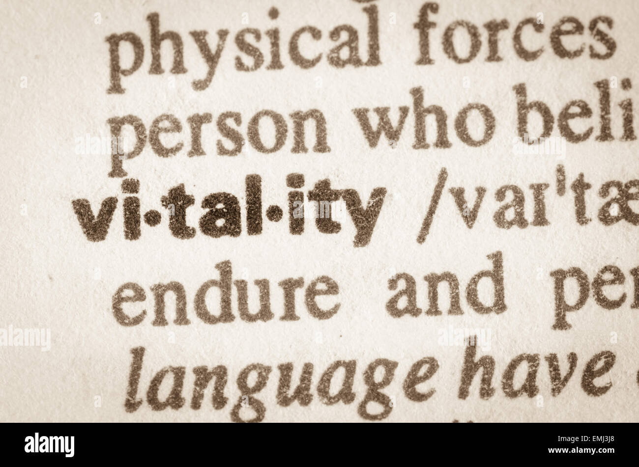 Definición de la palabra vitalidad en el diccionario. Foto de stock
