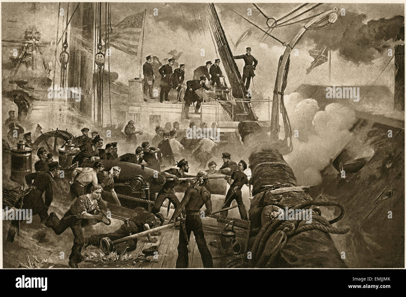 "Farragut en Mobile Bay", la Guerra Civil americana, 5 de agosto de 1864, grabado por W. H. Overend Foto de stock
