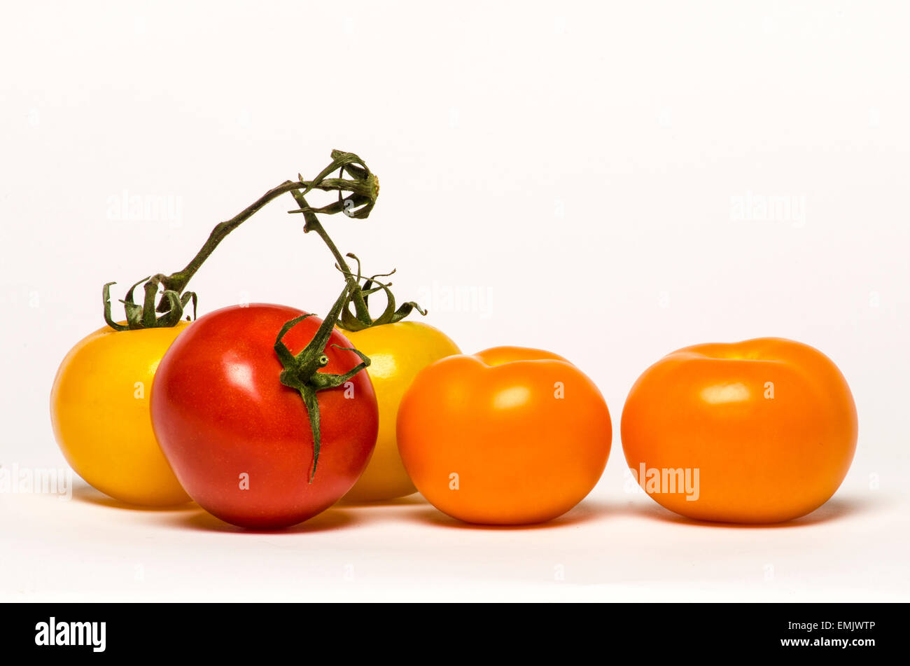 Los tomates de diferentes colores (naranja, amarillo y rojo) se apilan uno al lado del otro en un fondo blanco. Foto de stock