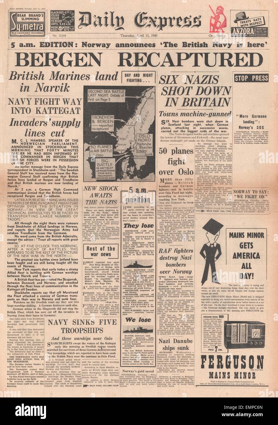 1940 Primera página Daily Express las fuerzas británicas recapturar Bergen Foto de stock