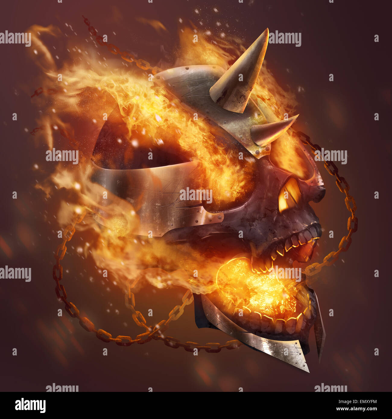 Cráneo de fuego. Placa de metal fantasía casco calavera con cadenas en  fuego ilustración Fotografía de stock - Alamy