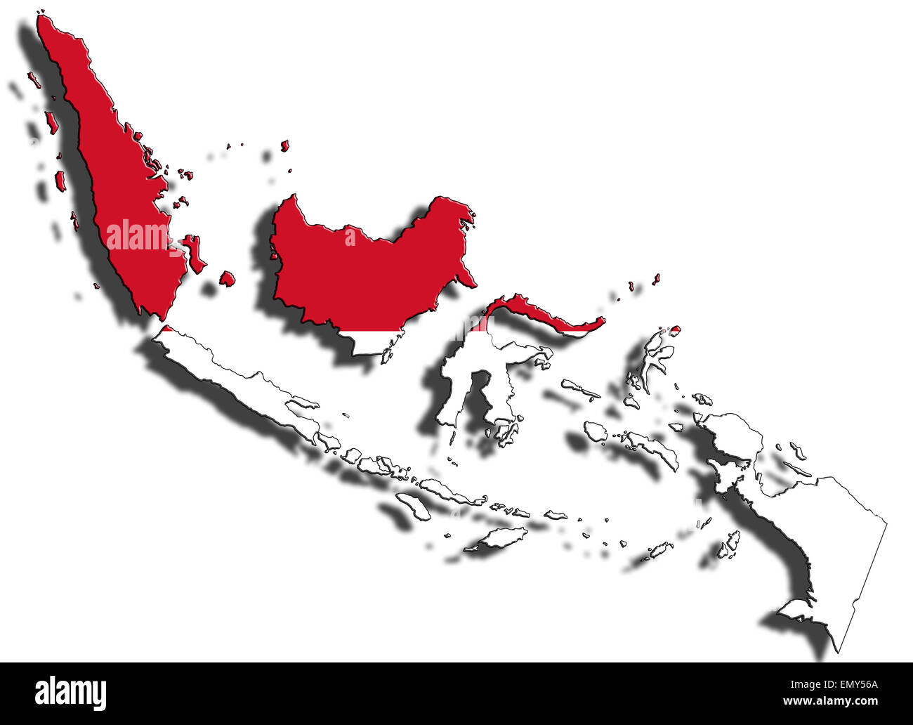 Esquema del límite nacional de Indonesia lleno con la bandera del país. Aislado sobre fondo blanco y colocando una sombra Foto de stock