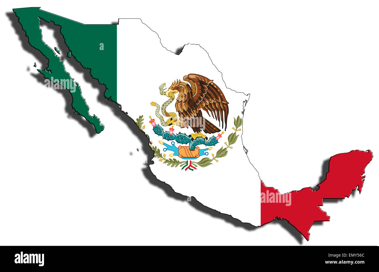 Esquema del límite nacional de México llena con la bandera del país. Aislado sobre fondo blanco y colocando una sombra Foto de stock