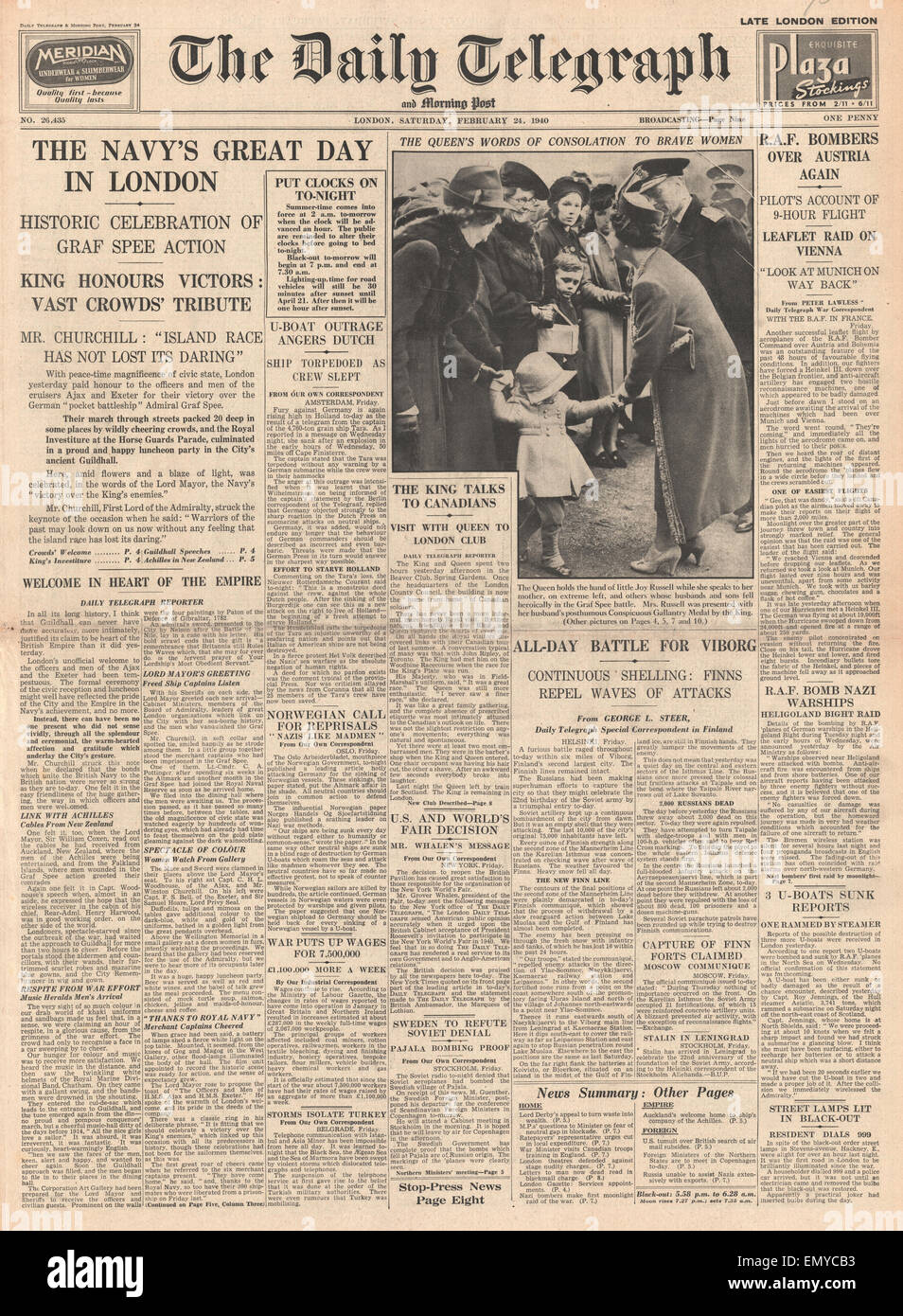 1940 Primera página Daily Telegraph Churchill habla a los veteranos de la batalla del río de La Plata en el Guildhall multitudes aclaman como Foto de stock