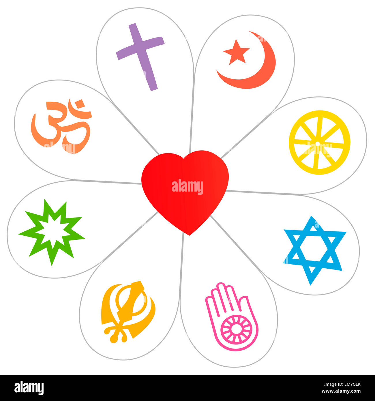 La religión símbolos que forman una flor, con un corazón como símbolo de la unidad religiosa o commonness. Ilustración sobre fondo blanco. Foto de stock