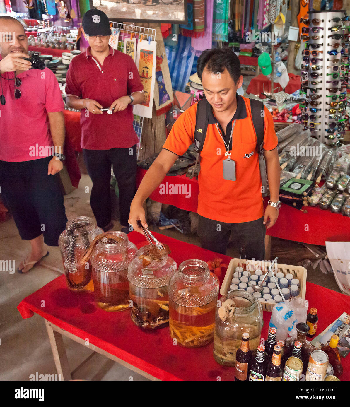 Don Sao isla, Laos, el Triángulo de Oro, puesto en el mercado vendiendo tónico exóticas bebidas alcohólicas que contengan, Scorpion, cobra, lizard Foto de stock